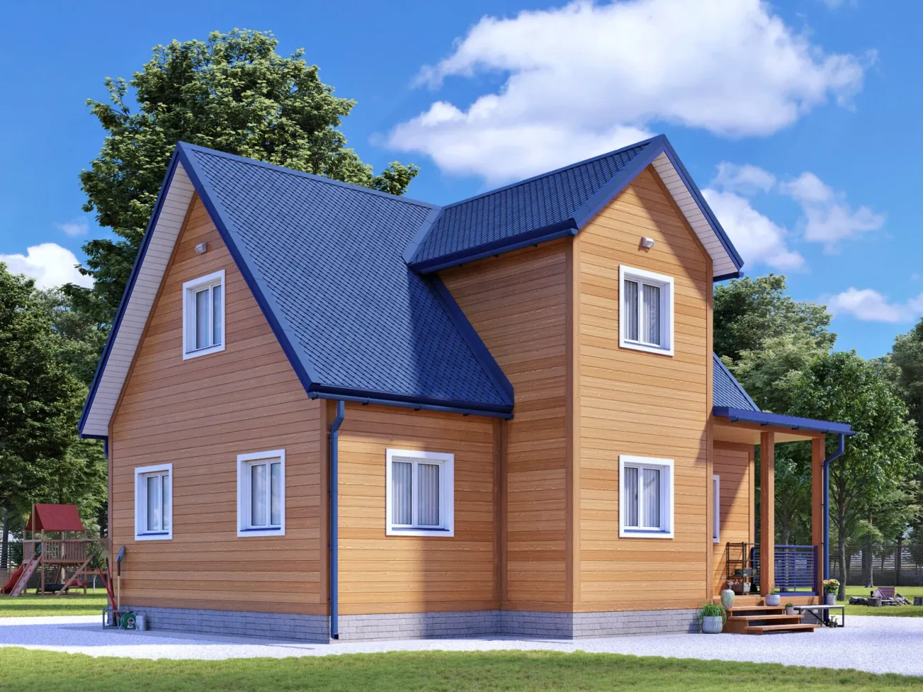 ДОМ ИЗ КАРКАСА 7×9 «ДК34» (110 кв.м., 2 этажа, 7 на 9, с мансардой, террасой и 2 санузлами)