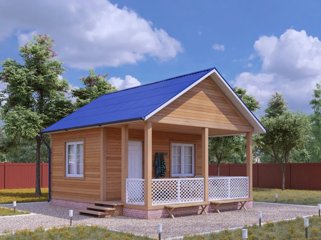 ДОМ ИЗ КАРКАСА 5×7 «ДК35» (35 кв.м., 1 этаж, 5 на 7, с крытой террасой, 1 спальней, за 1 месяц)