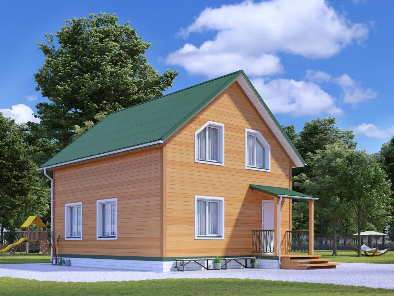 ДОМ ИЗ КАРКАСА 6×6 «ДК24» (75 кв.м., 2 этажа, 6 на 6, с мансардой, крытым крыльцом и двускатной крышей)