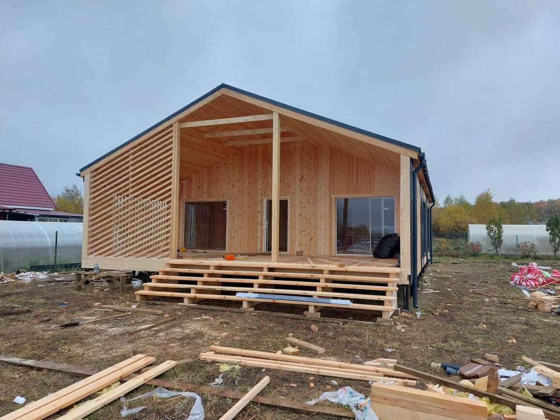 ДОМ ИЗ КАРКАСА 9,5×13 «ДК6» (90 кв.м., 1 этаж, 9 на 13, с террасой, панорамными окнами и 3 спальнями) — фото 1