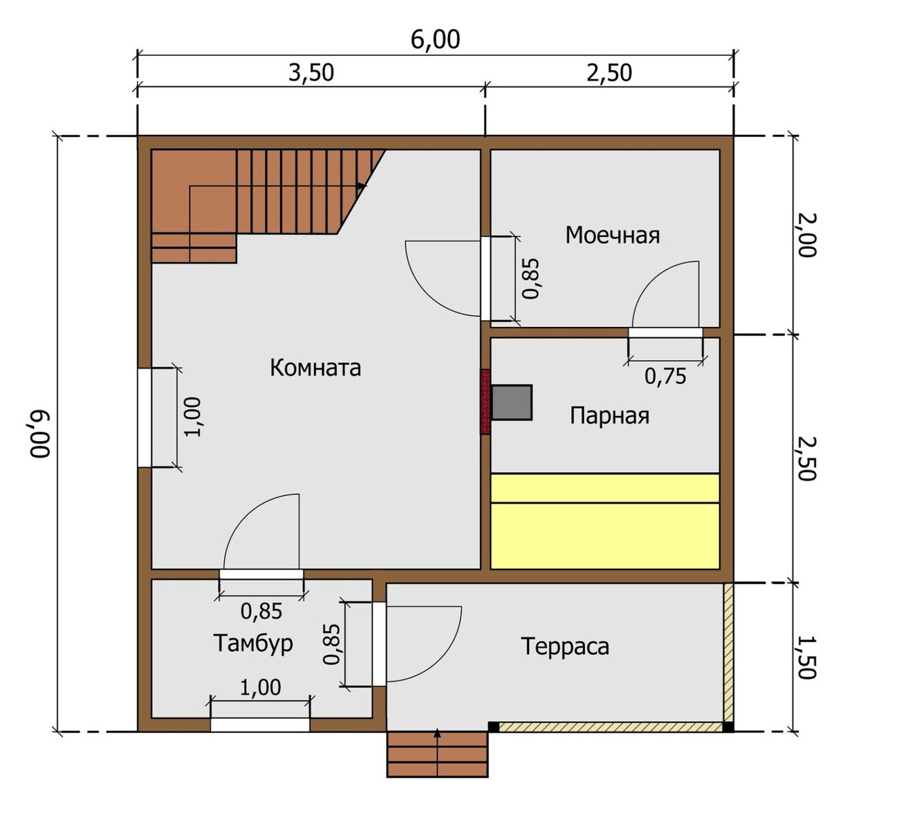 БАНЯ ИЗ БРУСА 6×6 «Б3» (60 кв.м., 2 этажа, 6 на 6, с мансардой, террасой и комнатой отдыха) — фото 12