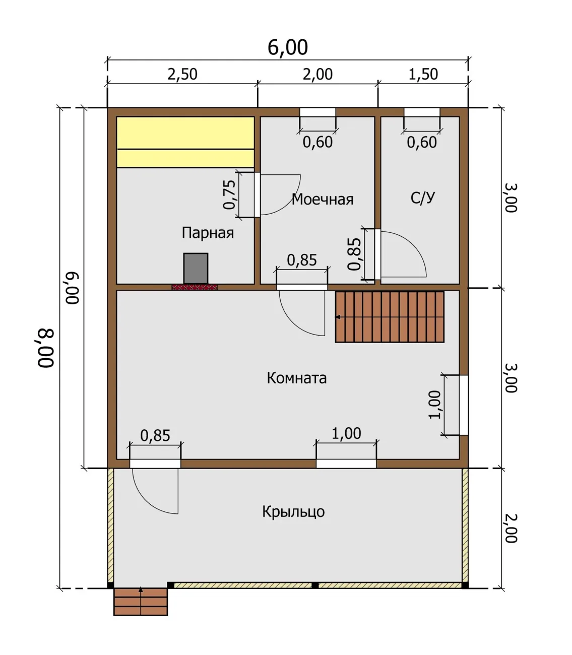 БАНЯ ИЗ БРУСА 6×8 «Б40» (95 кв.м., 2 этажа, 6 на 8, с мансардой, террасой и балконом) — фото 1