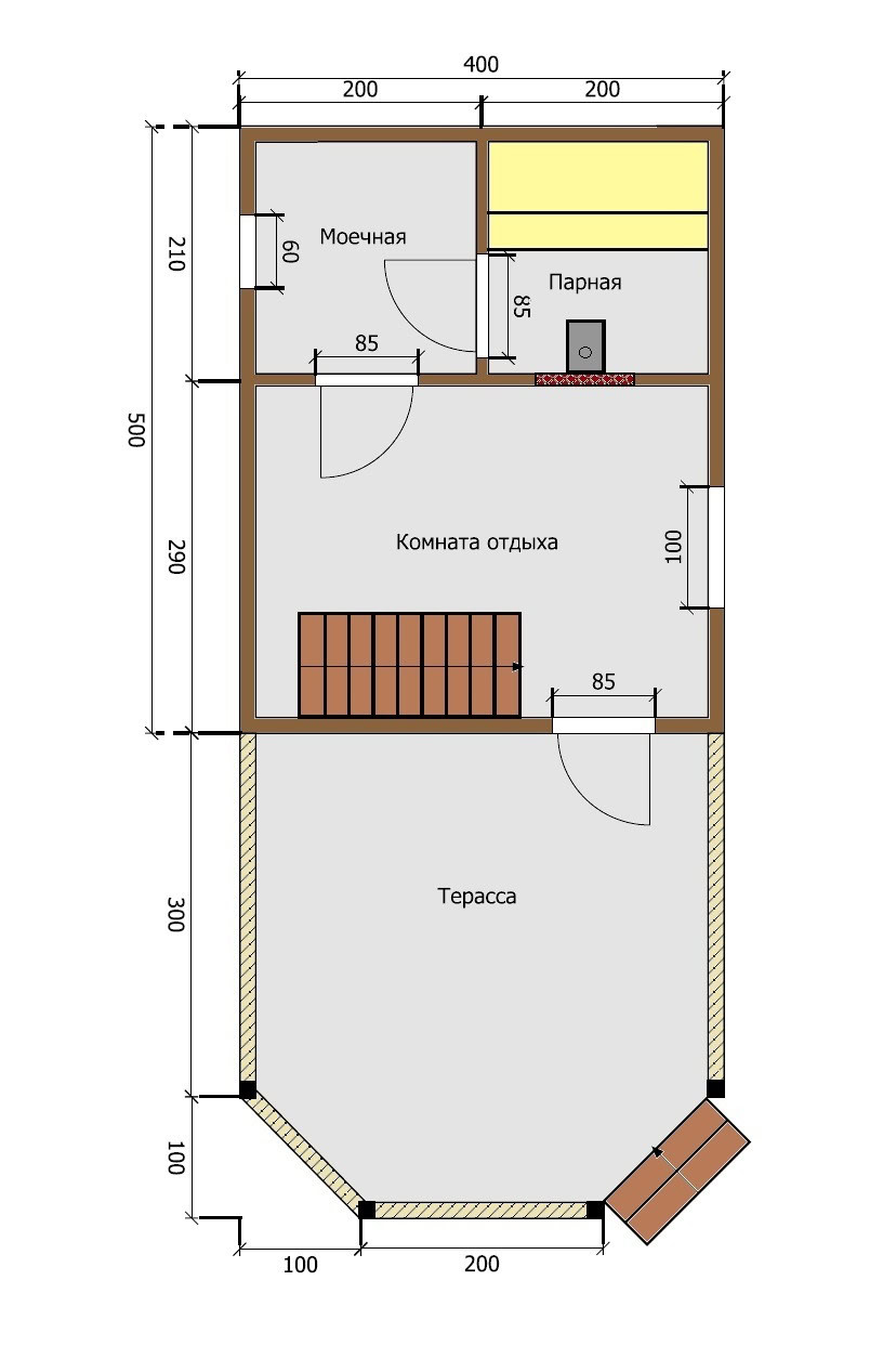 БАНЯ ИЗ БРУСА 4×9 «Б34» (51 кв.м., 2 этажа, 4 на 9, с мансардой, большой террасой и комнатой отдыха) — фото 6