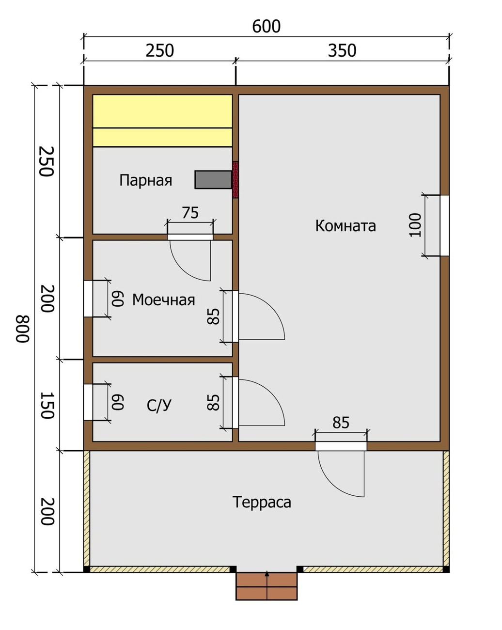 БАНЯ ИЗ БРУСА 6×8 «Б32» (48 кв.м., 1 этаж, 6 на 8, с террасой, санузлом и большой комнатой отдыха) — фото 2