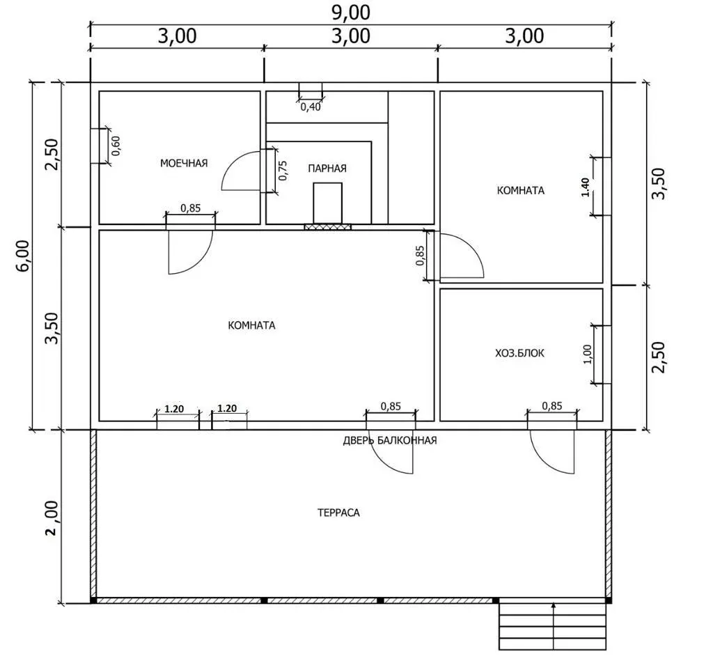 БАНЯ ИЗ БРУСА 5×6 «Б56» (30 кв.м., 1 этаж, 5 на 6, с крытой террасой, душевой и комнатой отдыха) — фото 1