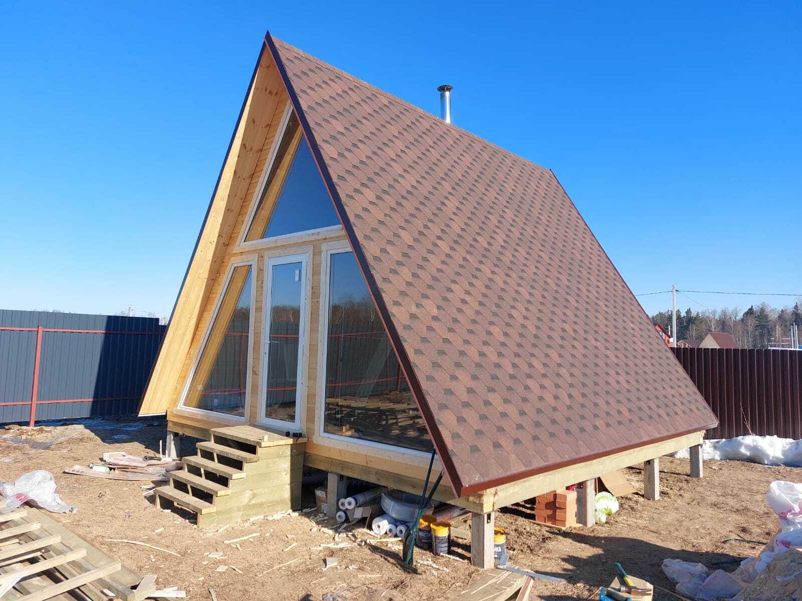 КАРКАСНАЯ БАНЯ A-FRAME 6×6 «Б44» (72 кв.м., 2 этажа, 6 на 6, с панорамными окнами и мансардой) — фото 1