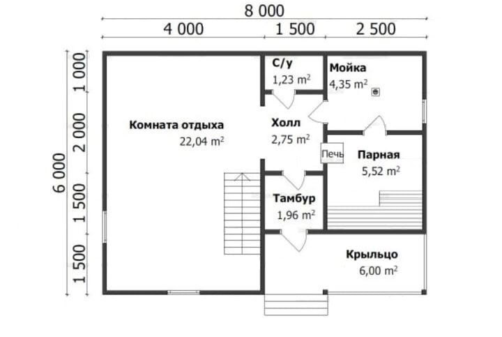 БАНЯ ИЗ БРУСА 8×6 «Б48» (84 кв.м., 2 этажа, 8 на 6, с мансардой, санузлом и крыльцом) — фото 4